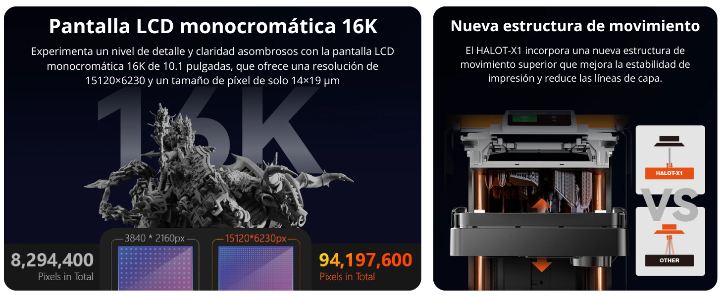 El corazón de la CREALITY HALOT X1 COMBO es su asombrosa resolución 16K, que garantiza detalles ultra finos y acabados impecables en cada impresión. Con un volumen de construcción de 21,17 x 11,84 x 20 cm, es ideal para proyectos de diversa escala, desde miniaturas intricadas hasta componentes técnicos. Esta capacidad, unida a una precisión en el eje Z de 0,01 mm y una altura de capa ajustable, asegura que cada pieza cumpla con los estándares más exigentes, capturando hasta el más mínimo detalle de tus diseños digitales en el objeto físico final.
